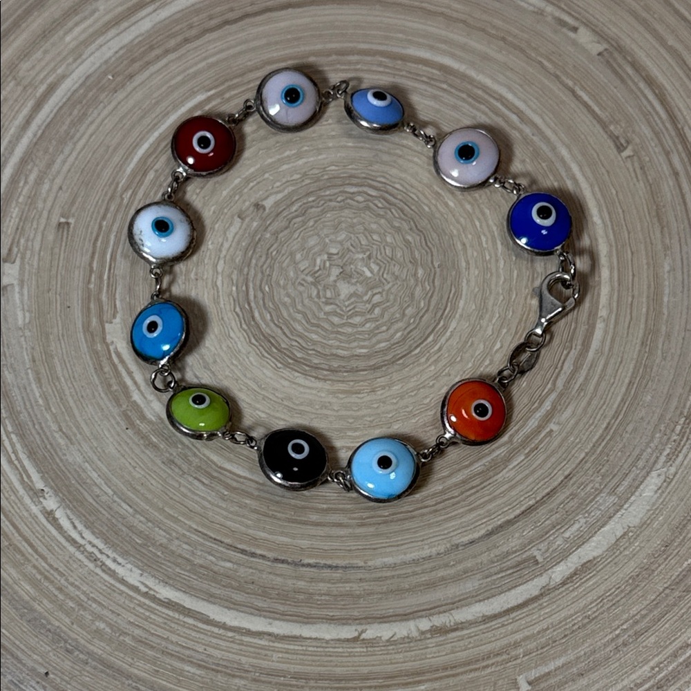 Turkish Sterling Silver Multi-Color Glass Evil Eye Link Bracelet